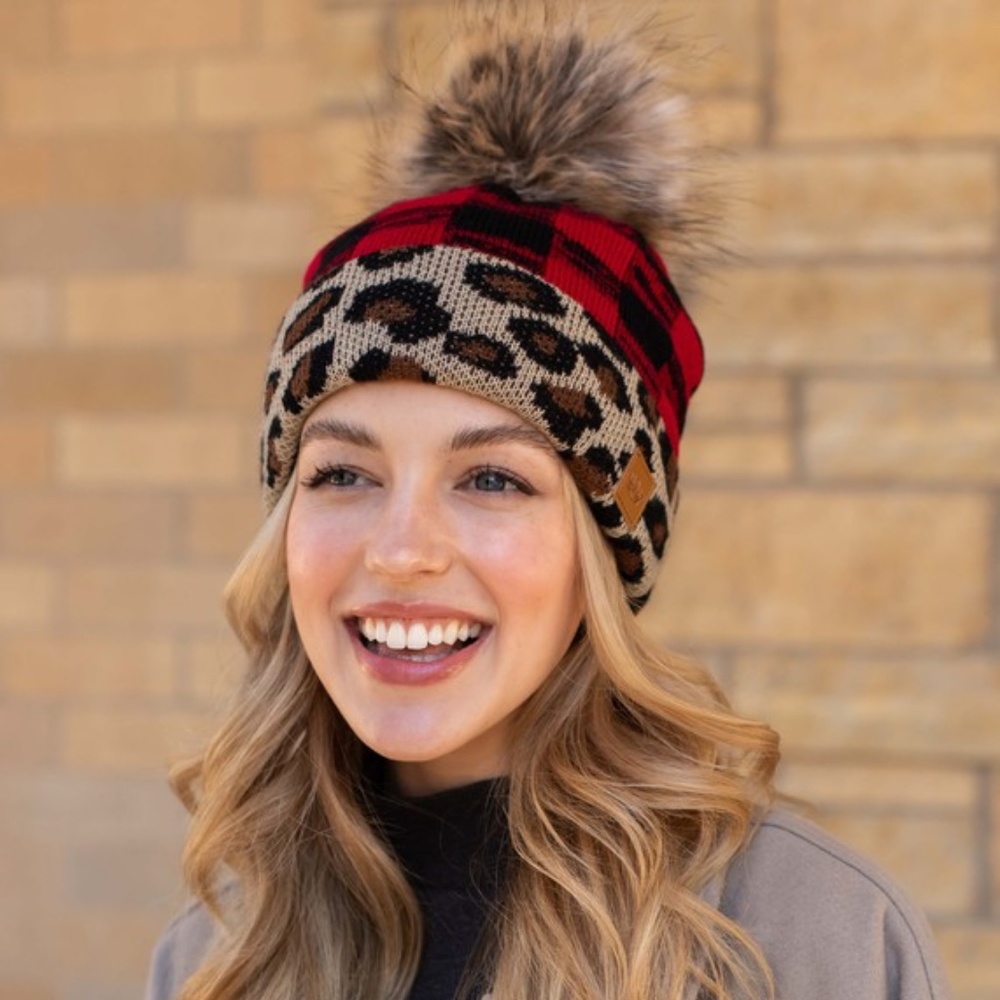 SOLD OUT Leopard Red Buffalo Check Faux Fur Pom Beanie - Picture 5 of 6